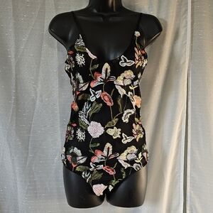 San Joy Black Floral Embroidered Mesh Bodysuit Sz Small